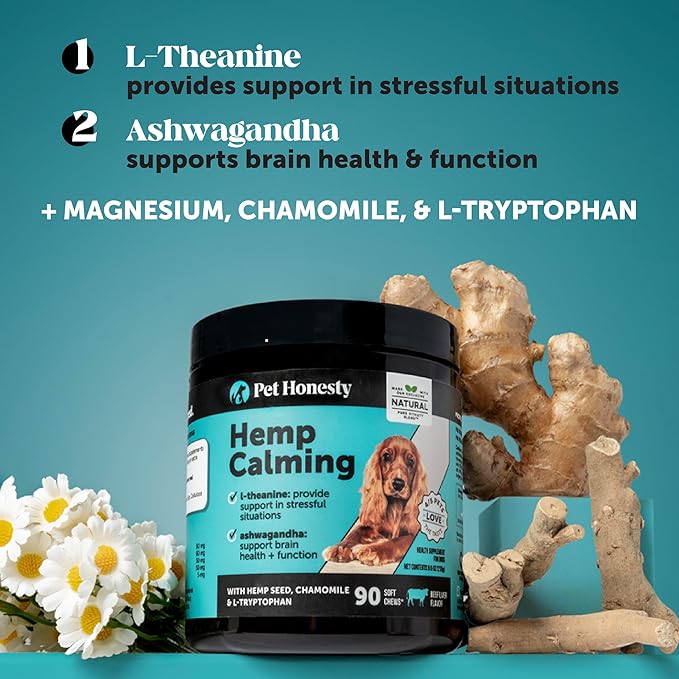 Natural Hemp Calming Chews for Dogs - Calming Aid Supplement for Occasional Anxiousness with Valerian Root, Chamomile, + Magnesium - Stress, Separation & Thunder Support - (Beef Liver, 90 Count)