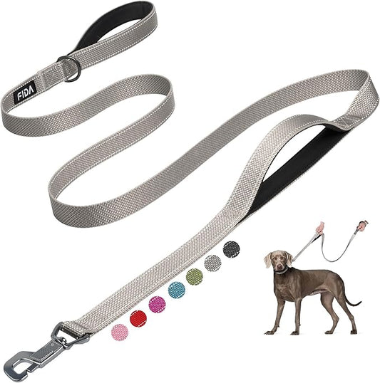 Fida 6 FT Heavy Duty Dog Leash with 2 Comfortable Padded Handles, Traffic Handle & Advanced Easy Snap Hook, Reflective Walking Lead for Large, Medium & Small Breed Dogs, Grey