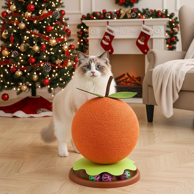 3-in-1 Modern Cat Ball Scratcher & Cat Toys for Indoor Cats/Kittens, Cute Orange/Frog/Bee Design with Bell Ball Track, Natural Sisal Cat Scratching Post, Space-Saving Interactive Cat Scratcher