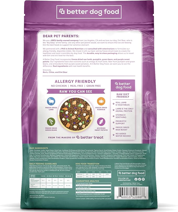 A Better Treat | Allergy Friendly Lamb Dry Dog Food | Raw You Can See | No Chicken, Lamb Only Animal Protein, No Meal Ingredients, Grain Free | Stomach Soothing Kibble + Freeze Dried Raw Dog Food