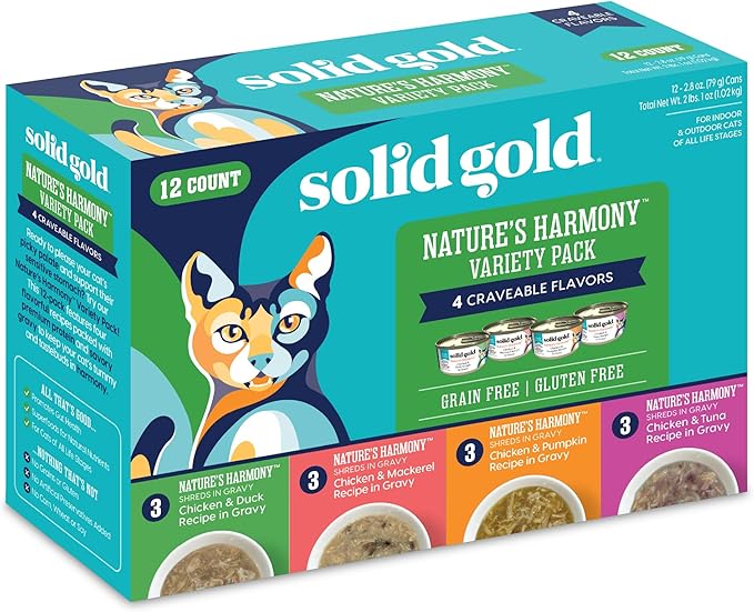 Solid Gold Wet Cat Food Variety Pack Shreds in Gravy - Healthy Canned Cat Food Made w/Real Chicken & Protein Shreds, Vitamins - Grain Free & Gluten Free Canned Meals for Cats & Kittens - 12ct/3oz Can