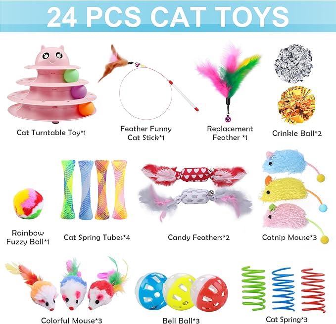 UPSKY 3-Level Turntable Kitten Toys Set - 24 PCS Interactive Cat Roller for Indoor Cats, Catnip, Teaser, Mice, Spring, and Various Ball Toys for Kitty