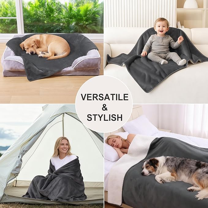 Smiry Waterproof Dog Bed Blanket, Leakproof Pet Throw Blanket for Bed Couch Sofa, Reversible Sherpa Fleece Furniture Protector Cover for Small Medium Large Dogs Cats (Dark Grey, 40x57 inches)