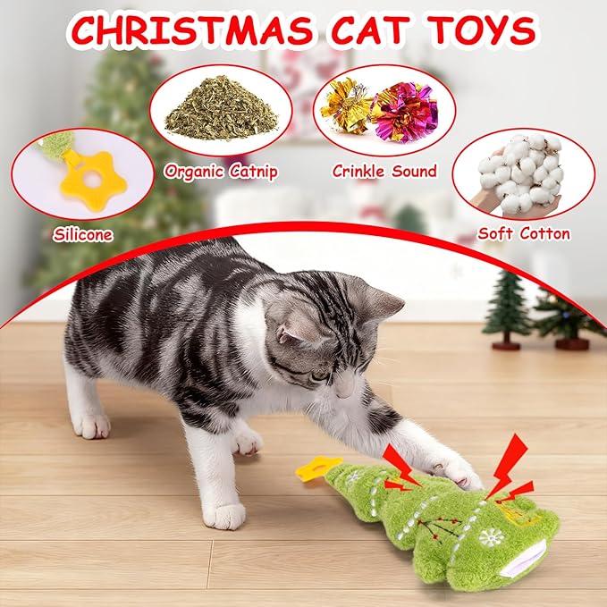 Retro Shaw Christmas Cat Toys, Kitty Xmas Catnip Toys 15.5 Inches Christmas Tree with Crinkle Sound, Safe Kitten Teeth Cleaning Toy, Interactive Kitty Kicker Toy