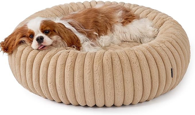 Bedsure Medium Dog Bed - Washable Faux Fur with Corduroy Fleece & Anti Slip Bottom, Round Pet Bed with Removable Cover, Sandy Beige, 30x30x8 inches