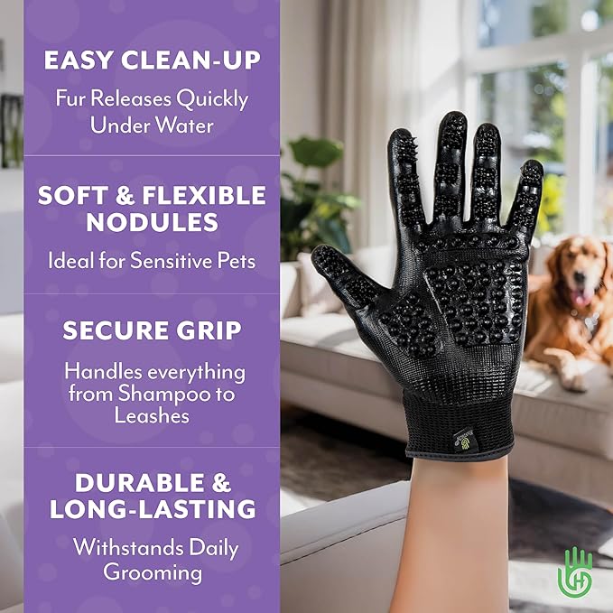 H HandsOn Pet Grooming Gloves - Patented #1 Ranked, Award Winning Shedding, Bathing, & Hair Remover Gloves - Gentle Brush for Cats, Dogs, and Horses (Mono Purple, Junior)