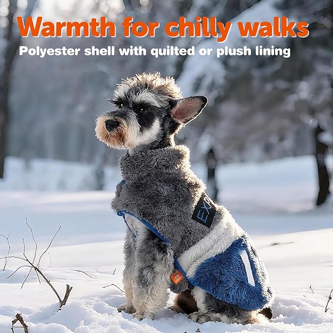 FOFOS Dog Winter Coat, Plush Dog Jacket with Leash Hole, Adjustable Warm Pet Snow Vest for Small Medium Dogs, Gray, M