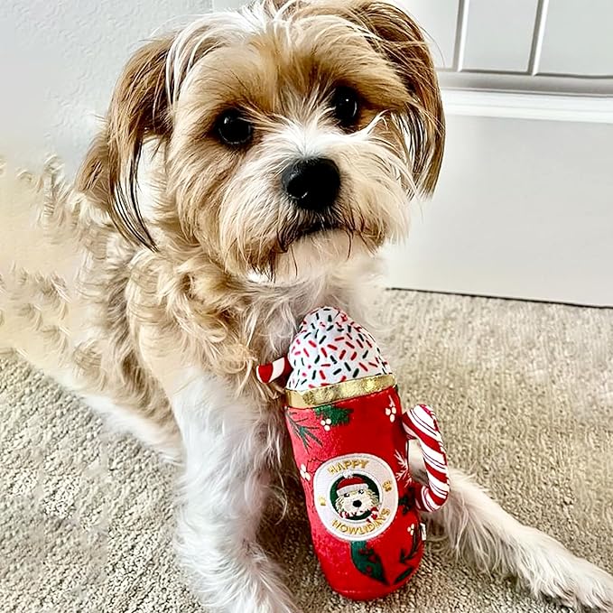 Haute Diggity Dog Howliday Cheer Mug Plush Dog Toy for Small, Medium & Large Dogs, Interactive Funny Holiday Squeaky Toys, Soft, Durable, Machine-Washable, Safe & Cute Birthday Gift for Dogs, One Size