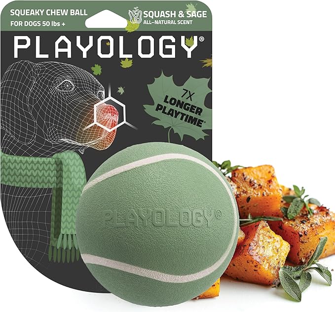 Playology Dog Toys | Squeaky Chew Ball - Bouncy Durable Floating Fetch Ball for Dogs | Jumbo Butternut Squash & Sage Scented Toy - Limited Edition Fall Collection | Made from Non Toxic Materials