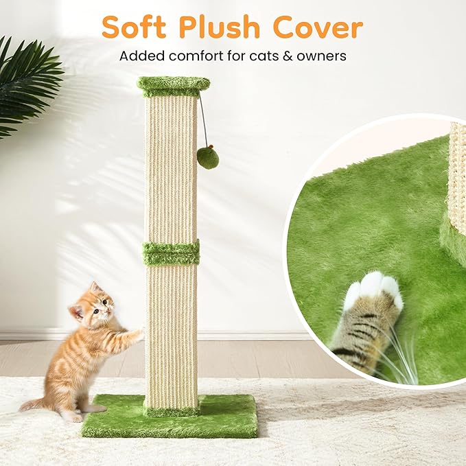 Indoor Cat Scratching Post: 32 In Tall Cat Scratcher with Natural Sisal Rope, Kitty Pet Tower with Sturdy Wood Base and Hanging Ball Toy, Great Gift for Small and Large kittens, LIght Green