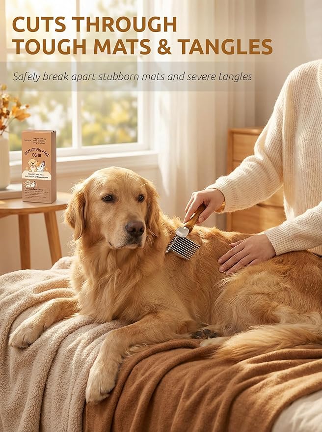 TAKAVU Dematting Fur Rake Comb Brush for Dogs & Cats - Undercoat Comb with Safety Blades for Removing Knots, Mats & Tangles - Grooming Tool for Poodles, Doodles, Long Haired Pets