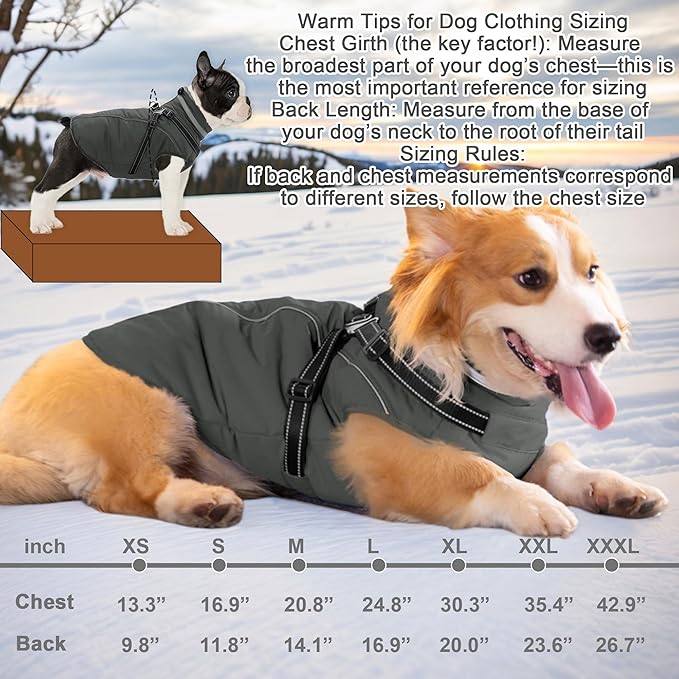 Fragralley Dog Coat with Harness Built in, Waterproof Windproof Reflective Warm Puffer Jacket, Fleece Lined Vest Winter Parka for Small, Medium, Large Dogs