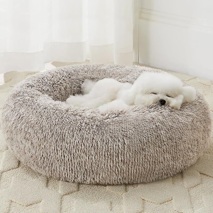 WNPETHOME Donut Dog Beds Large Sized Dog,Anti-Anxiety Caming Large Pet Bed,Fluffy Faux Fur Plush Puppy Bed，Warming Cozy Soft Round Bed for Pet, Cat Cuddler Cushion