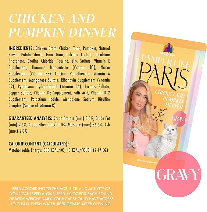 Weruva Paris Hilton Pamper Like Paris Wet Cat Food, Chicken and Pumpkin in Gravy, 2.47oz Pouch, Pack of 12
