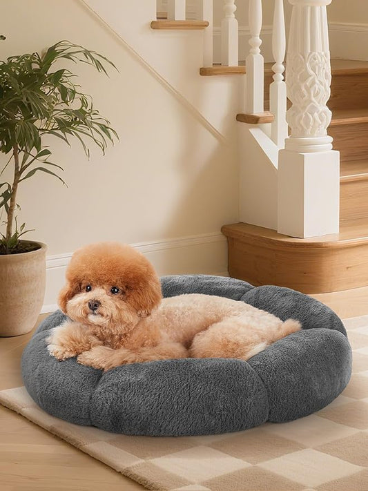 OhGeni 24 inches Calming Donut Dog & Cat Bed for Small Pets, Warming Comfort Fluffy Short Pile Fur, Durable Machine Washable Round Bed, Cute Round Bed for Puppy and Kitten, Dark Gray