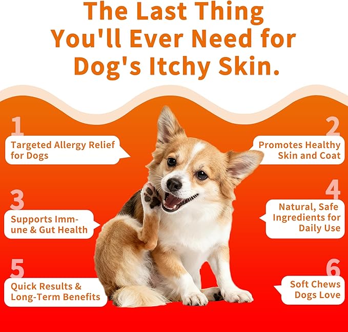 Dog Allergy & Itch Relief Chews - Salmon Oil Omega-3, Omega-6, Vitamin B1/B2/B6, Colostrum Probiotics Supplement for Seasonal Allergy, Hot Spots, Paw Licking, Scratching, 200 Soft Chews