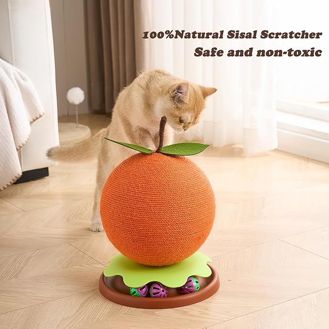 3-in-1 Modern Cat Ball Scratcher & Cat Toys for Indoor Cats/Kittens, Cute Orange/Frog/Bee Design with Bell Ball Track, Natural Sisal Cat Scratching Post, Space-Saving Interactive Cat Scratcher