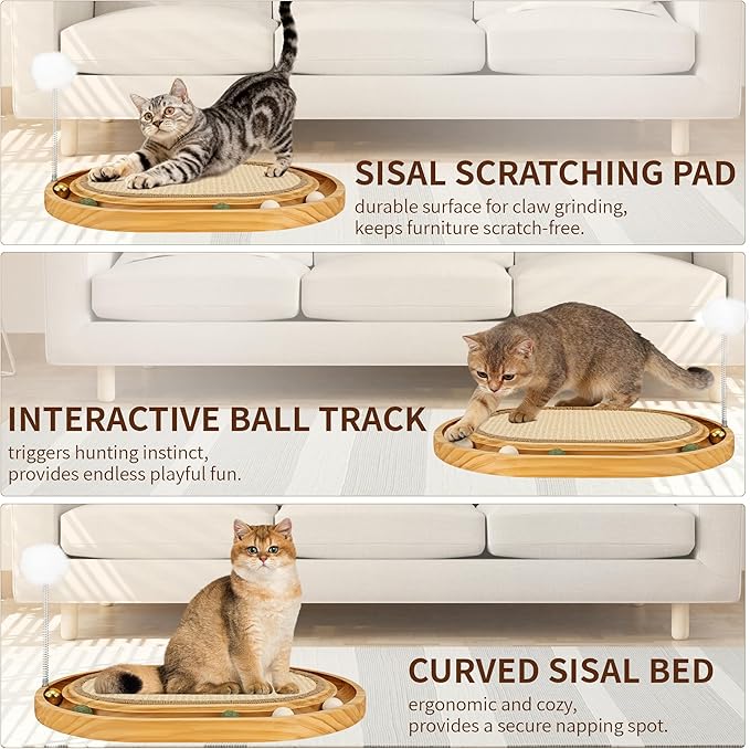 Sisal Cat Scratcher Toy,Cat Natural Sisal Scratching Pad,Wooden Interactive Toy for Indoor Cats with Cat Ball Track