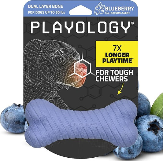 Playology Dog Toys | Dual Layer Bone Durable Chew Toy Bone for Dogs | Medium Blueberry Scented Toy - Easy to Clean and Made from Non Toxic Materials