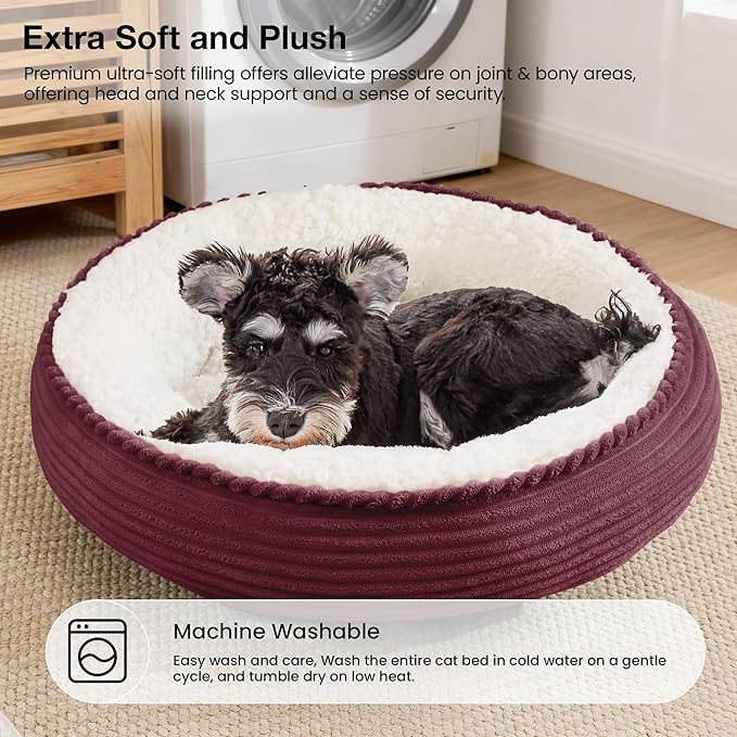 Love's cabin Round Donut Cat and Dog Cushion Bed, 25in Pet Bed for Small or Medium Dogs, Anti-Slip & Water-Resistant Bottom, Soft Durable Fabric Pet Beds, Washable Calming Cat Bed Burgundy Stripe