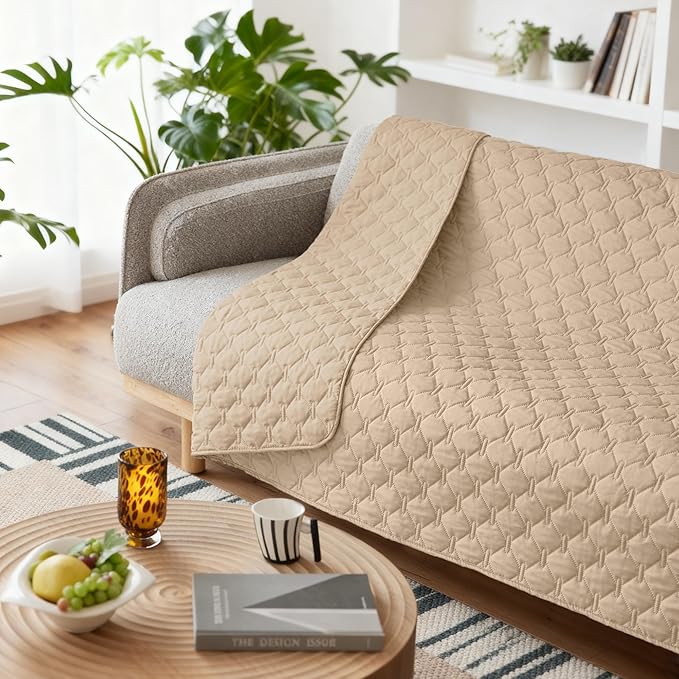gogobunny 3X Stronger Waterproof Pet Blanket, Scratch Proof Furniture Protector for Dogs Cats, Reversible Cover 82x82 Inch, Dark Beige