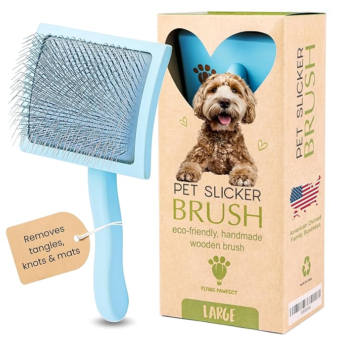 Pet Slicker Brush With Soft Massage Grooming Stainless Steel Pins - For Dematting, Shedding Fur, and Undercoat - Ideal Gift for Professional Pet Groomers - Long Slicker Brush (Blue, Curved Large)