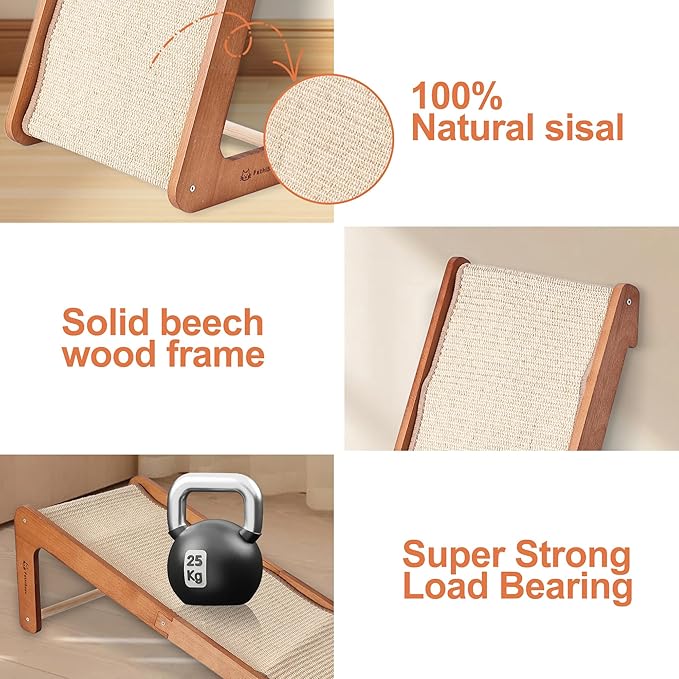 Extra-Larger-28.5" Sisal Cat Scratcher of L-Shaped Solid Wood Cat Scratching Post - Beechwood Base, Natural Sisal Woven Scratching Pad, Durable, Furniture Protector for Cats' Clawing and Play