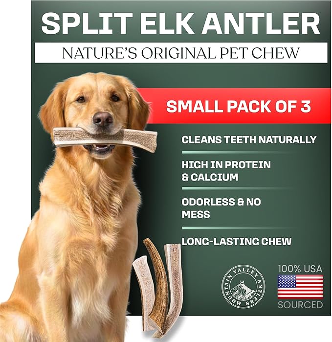 Mountain Valley Elk Antlers for Dogs - 100% Natural & Organic Chew for Aggressive Chewers, No Odor, No Mess, Long Lasting - Wild-Foraged Naturally Shed Antlers in USA - Grade A, Split Small (3 Pack)