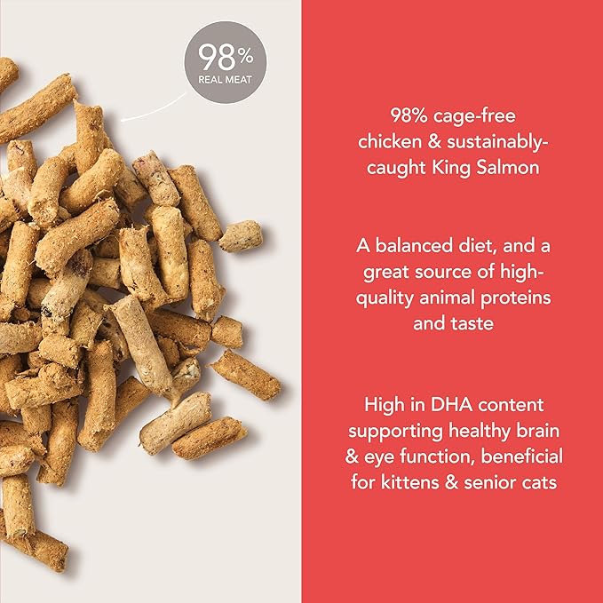 Feline Natural Freeze Dried Cat Food - Grain-Free and High Protein Cat Food from New Zealand, Complete Meal or Topper for Kittens, Adults, and Senior Cats, Chicken and King Salmon, 320g