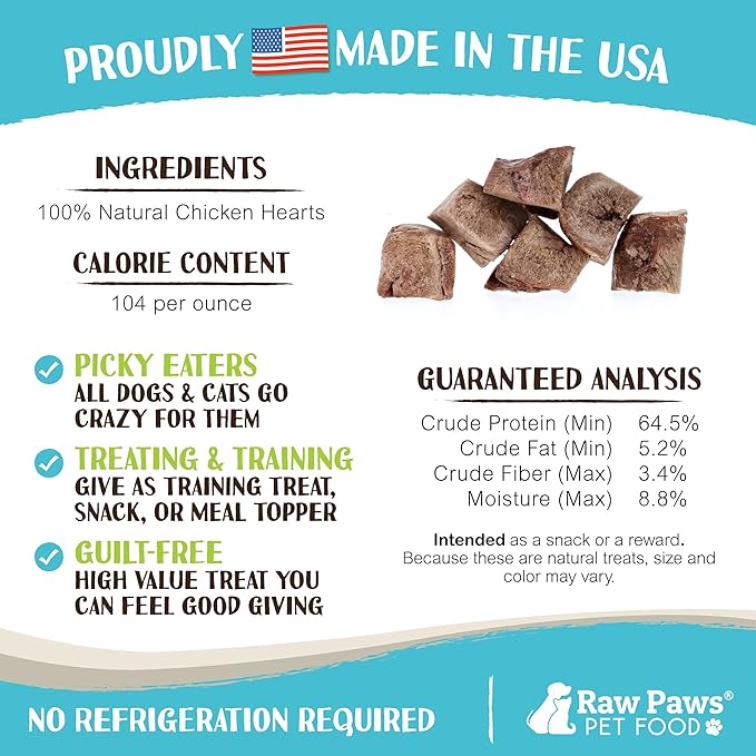 Raw Paws Freeze Dried Chicken Hearts for Dogs, 4-oz, Diced - Made in USA - Hearts for Dogs - Single Ingredient - Freeze Dried Chicken - High Protein Pet Treats