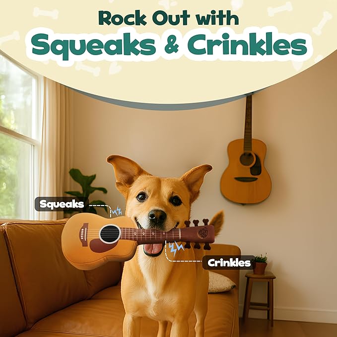 Acoustic Guitar Dog Toy – Christmas & Birthday Dog Gift, Interactive Squeaker & Crinkle, Plush & Cute, Fun Puppy Stocking Stuffer