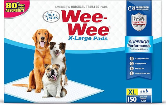 Four Paws Wee-Wee Superior Performance XL Pee Pads for Extra Large Dogs, Leak-Proof Floor Protection Dog & Puppy Quilted Potty Training Pads, Unscented, 28" x 34" (150 Count)