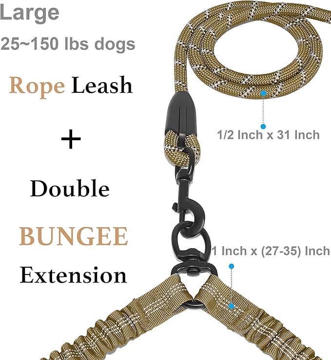 iYoShop Dual Dog Leash - 360° Swivel, No Tangle Walking Leash with Shock Absorbing Bungee for Two Dogs (Large, 25-150 lbs, Khaki)