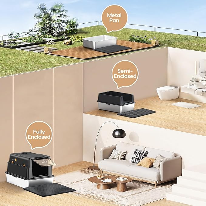 L8 Max-XXXL Stainless Steel Litter Box with Lid, 28" L x 20.5" W x 17.4" H Large Cat Litter Box for Big Cats, Cat Litter Deodorizer Included, High Sided Enclosure with Scoop & Mat, Anti-Leakage-Black