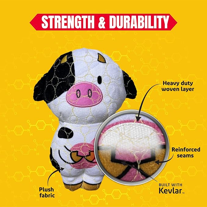 Bite Force -Durable & Strong Dog Toy Cow with Squeaker, Kevlar-Reinforced for Aggressive Chewers for Small Medium Large Dogs - White and Pink.