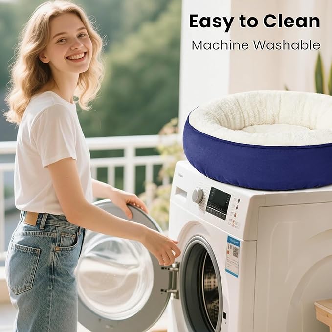 Love's cabin Round Donut Cat and Dog Cushion Bed, 25in Pet Bed for Small or Medium Dogs, Anti-Slip & Water-Resistant Bottom, Soft Durable Fabric Pet Beds, Washable Calming Cat & Dog Bed Navy