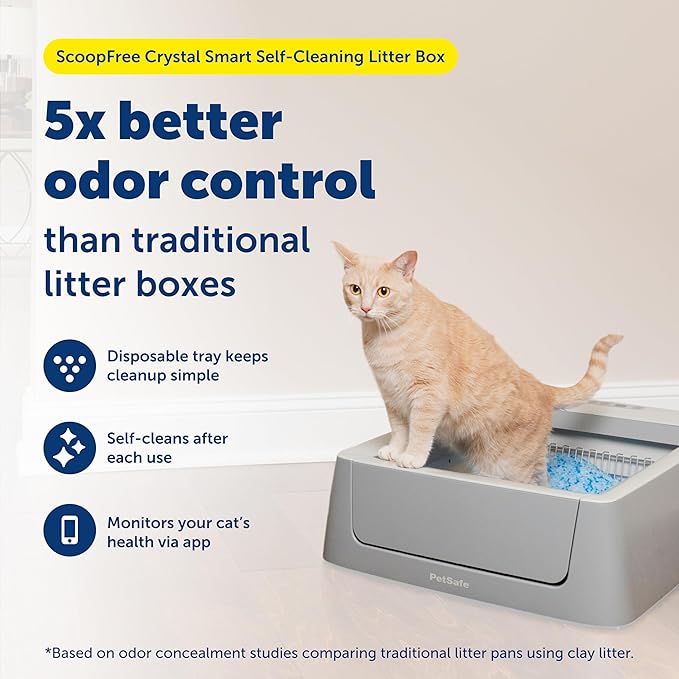 PetSafe ScoopFree Crystal Smart Self-Cleaning Automatic Litter Box - Front Entry - Uncovered Motion-Sensing Cat Box with Integrated Health Counter & App - Includes 1 Disposable Crystal Litter Tray