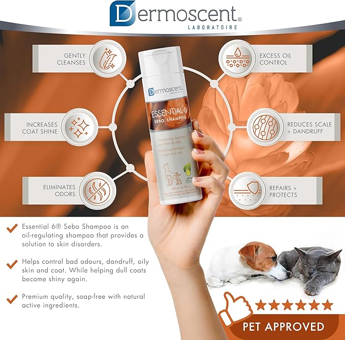 Essential 6 Sebo Shampoo for Dogs, Cats & Pets | 100% Natural, Soap-Free Formula, Reduces Odours, Controls Dandruff, and Enhances Coat Shine, Gentle on Oily Skin