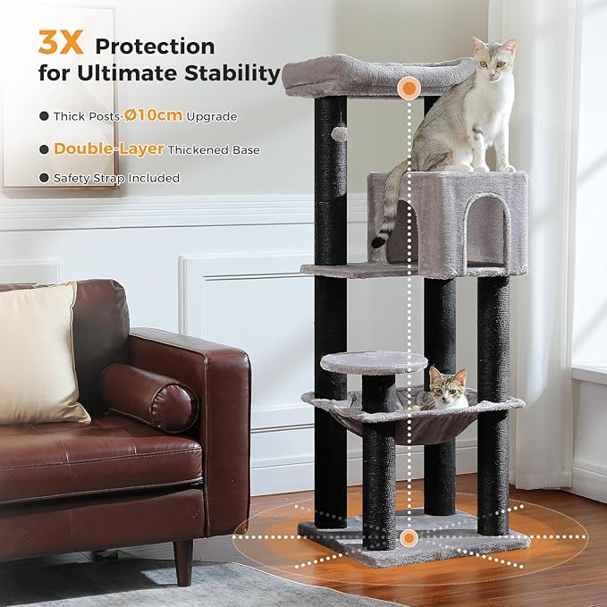 Large Cat Tree for Indoor Cats Large Adult, 57.8" Heavy Duty Cat Tower with Reinforced Scratching Posts (φ3.7in) and Plush Larger Hammock for Maine Coon & Big Cats, Supports 30lbs, Black