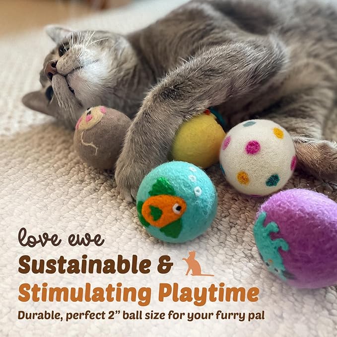 Hustle & Blush Love Ewe Felted Cat Toys 3 Pack - 3 Inch Fish & 2 Inch Ball Hand Made Cute & Fun Design Kitten Wool Felt Balls with Bell for Indoor Play - 100% New Zealand Handmade - Holiday Pet