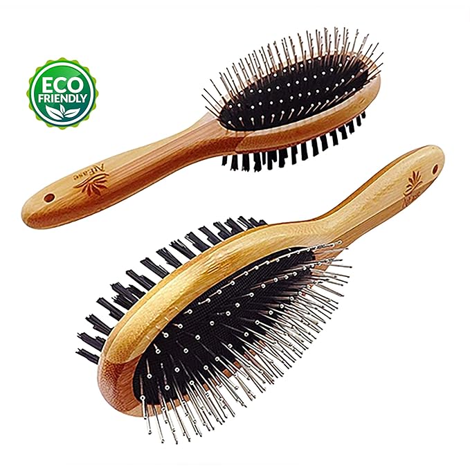 Double Sided Dog Brush - for Long or Short Haired Dogs and Cats Natural Bamboo Eco Friendly Pet Grooming Dual Sided Pin and Bristles for Deshedding Hair