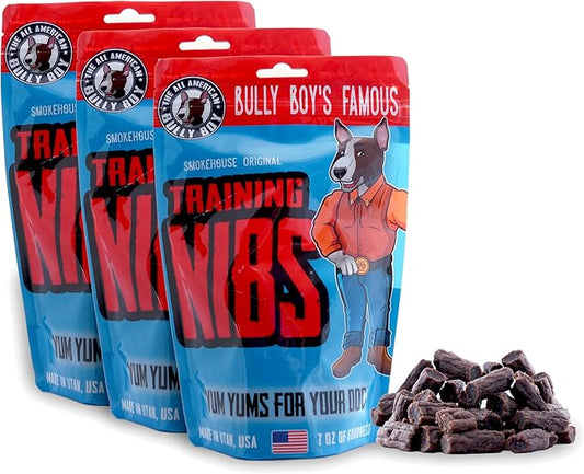 Bully Boy's Famous Beef Training Nibs Dog Treats | Free from Wheat, Corn, Soy, or Gluten | USA Sourced Ingredients | with Smokehouse Beef | Made in Utah | 7 oz - 3 Pack