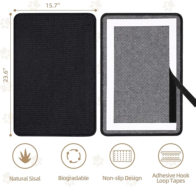 Black Cat Scratching Mat Sisal, 2 Packs Sisal Fabric Large Cat Scratching Pad for Indoor Cats with Adhesive Hook Loop Tape, Wall Scratchers for Indoor Cats 23.6" x 15.7"