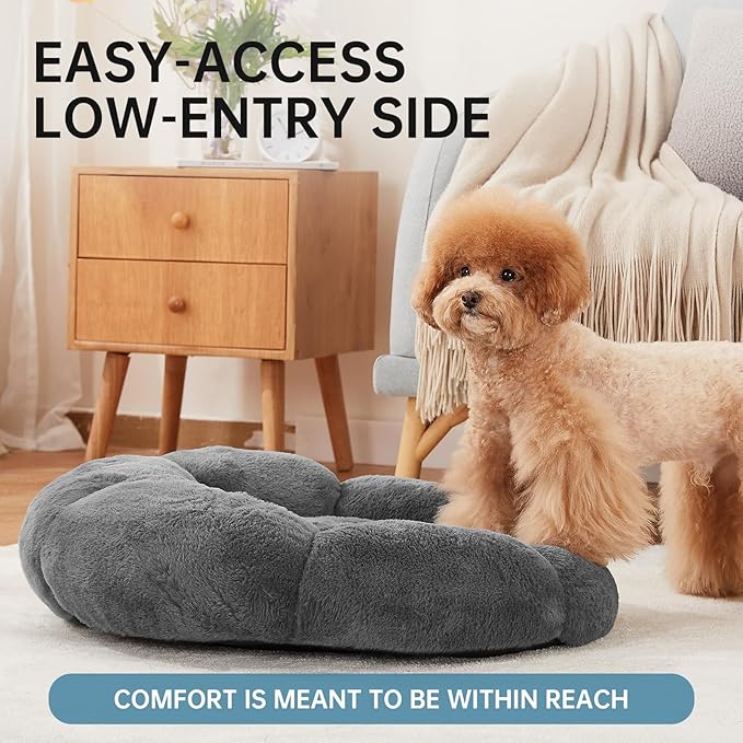 OhGeni 24 inches Calming Donut Dog & Cat Bed for Small Pets, Warming Comfort Fluffy Short Pile Fur, Durable Machine Washable Round Bed, Cute Round Bed for Puppy and Kitten, Dark Gray