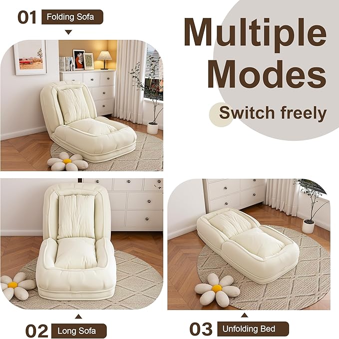 KEIKI Upholstered Human Dog Bed for Adults, Foldable Corduroy Lazy Sofa Bed with 5 Adjustable Positions and 2 Pillows, Giant Human Size Dog Bed for People, Off White