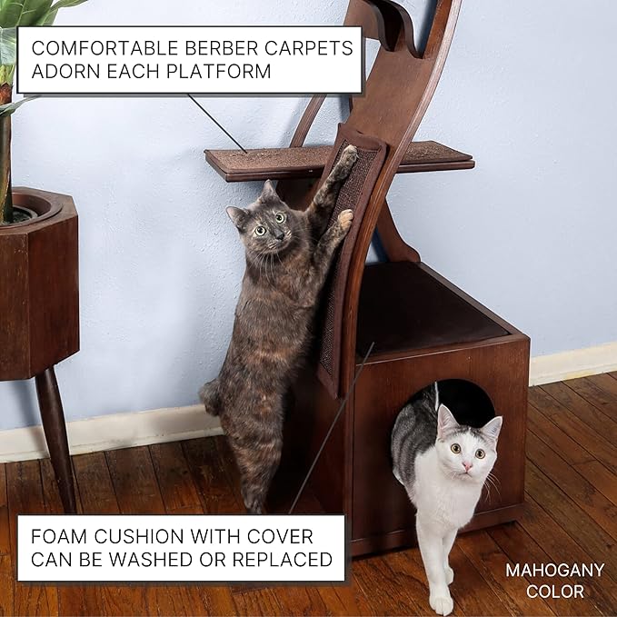 The Refined Feline 69 Inch Tall Smoke Gray Lotus Cat Tower, Multi-Level Modern Cat Tree for Indoor Cats with Scratching Post, Climbing Cat Condo with Cushioned Cubby