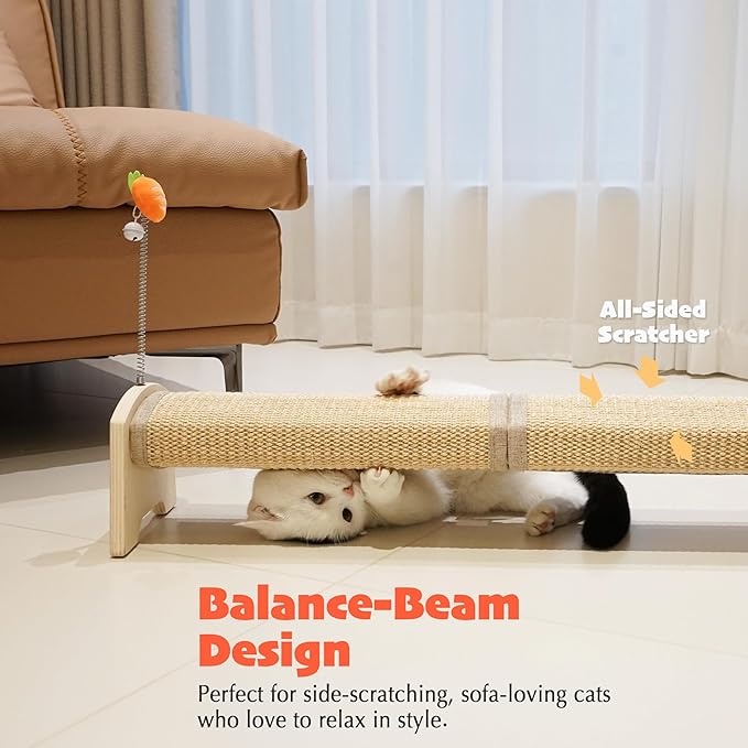 PETKARAY Horizontal Scratching Post, 30" Sisal Cat Scratch Pad, Large Floor Mounted Cat Scratcher with Spring Toy, Protect Furniture for Indoor Kitten