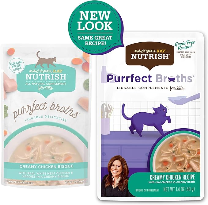 Rachael Ray Nutrish Purrfect Broths Natural Wet Cat Food, Creamy Chicken Bisque with White Meat Chicken & Veggies Recipe, 1.4 Ounce Pouch, Grain Free (Pack of 24)