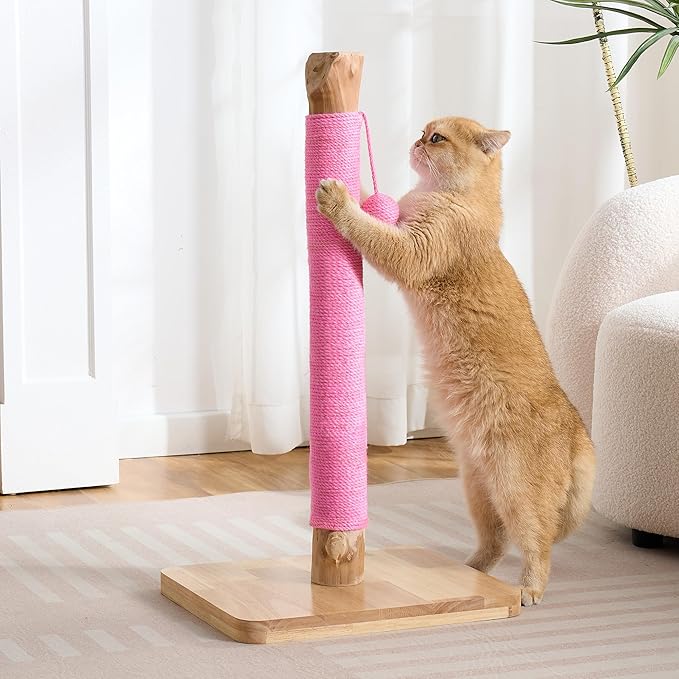 29" Tall Cat Scratching Post for Indoor Cats Adults, Extra-Stable & Natural Solid Wood Scratching Post Sisal Scratcher with Hanging Funny Ball, Pink