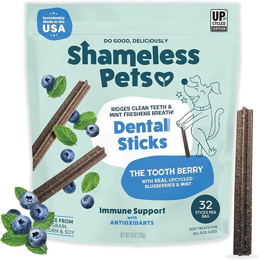 Shameless Pets Blueberry & Mint Dental Chews for Dogs, 32 Chews - Natural Dog Teeth Cleaning Treats with Fresh Breath Benefits | Grain-Free Dental Sticks for Small, Medium & Large Dogs